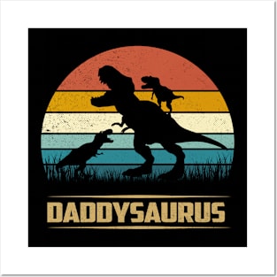 Daddy Dinosaur Daddysaurus 2 Two Kids Funny Father's Day dad Posters and Art